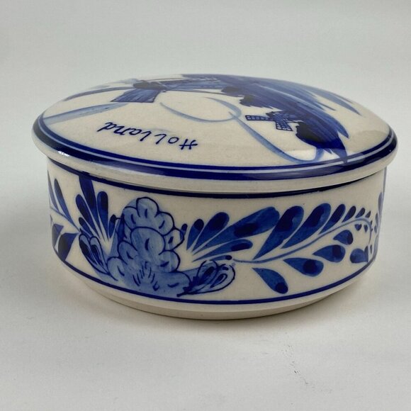 Vintage Delft Blue Holland Windmill Trinket Box Hand Painted Round Ceramic - Picture 5 of 10